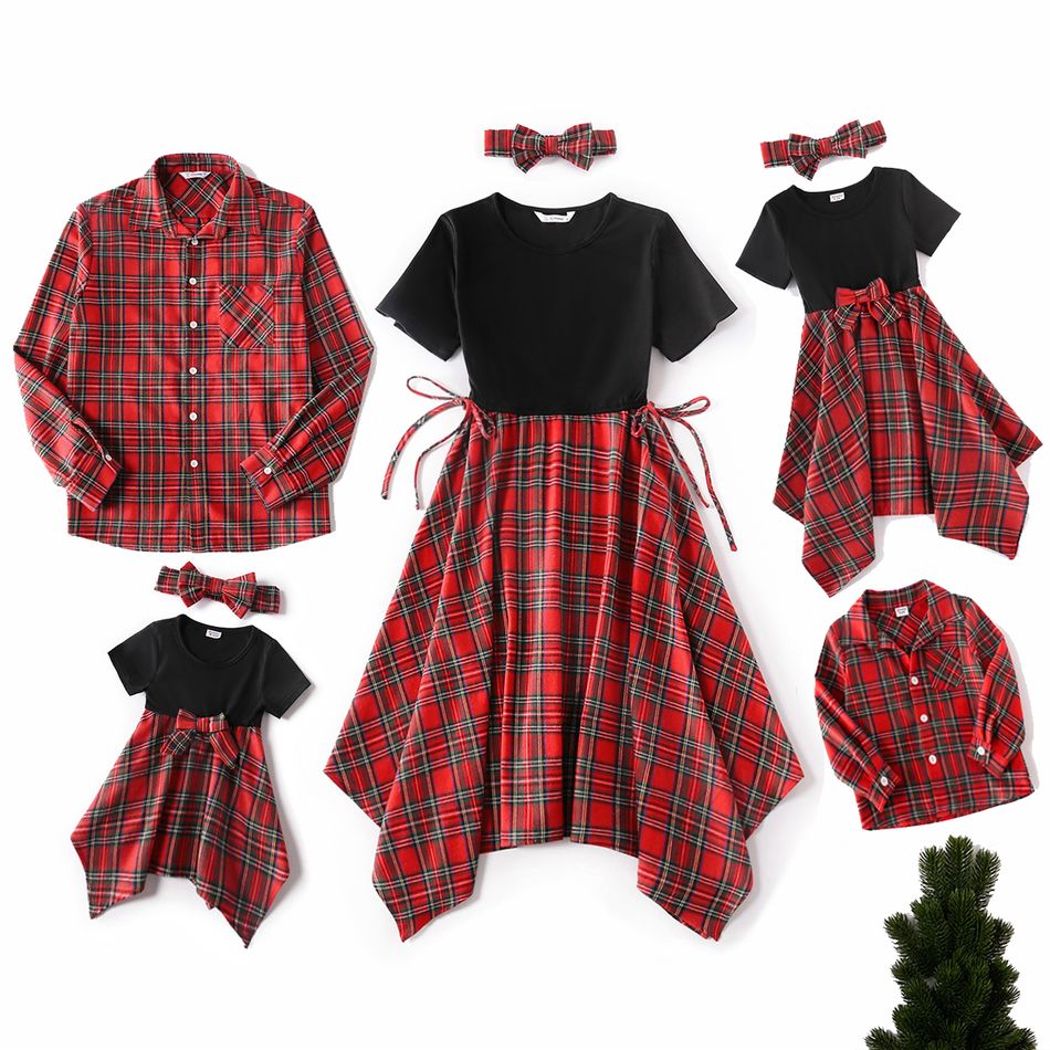 Christmas Red Plaid Family Matching Short-sleeve Splicing Dresses and Long-sleeve Shirts Sets redblack