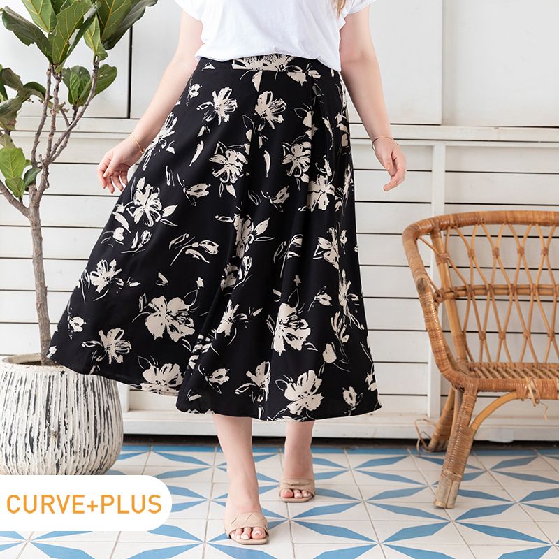 Women Plus Size Elegant Floral Print Skirt Black