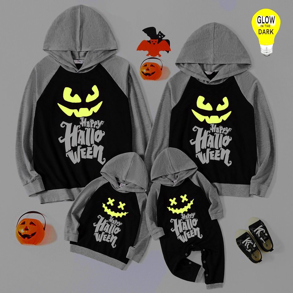 Halloween Glow In The Dark Letter and Pumpkin Face Print Family Matching Raglan Long-sleeve Hoodies Color block