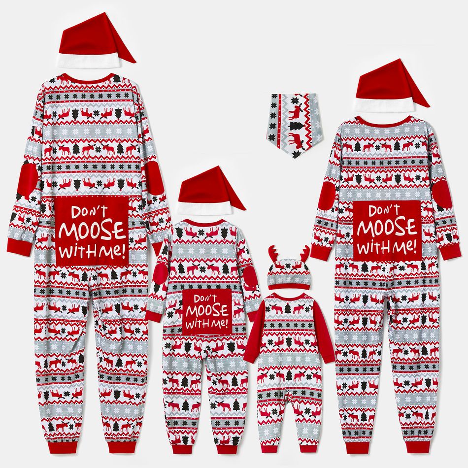Mosaic DON'T MOOSE WITH ME Family Matching Christmas Pajamas Onesies+Hat（Flame resistant） Red big image 2