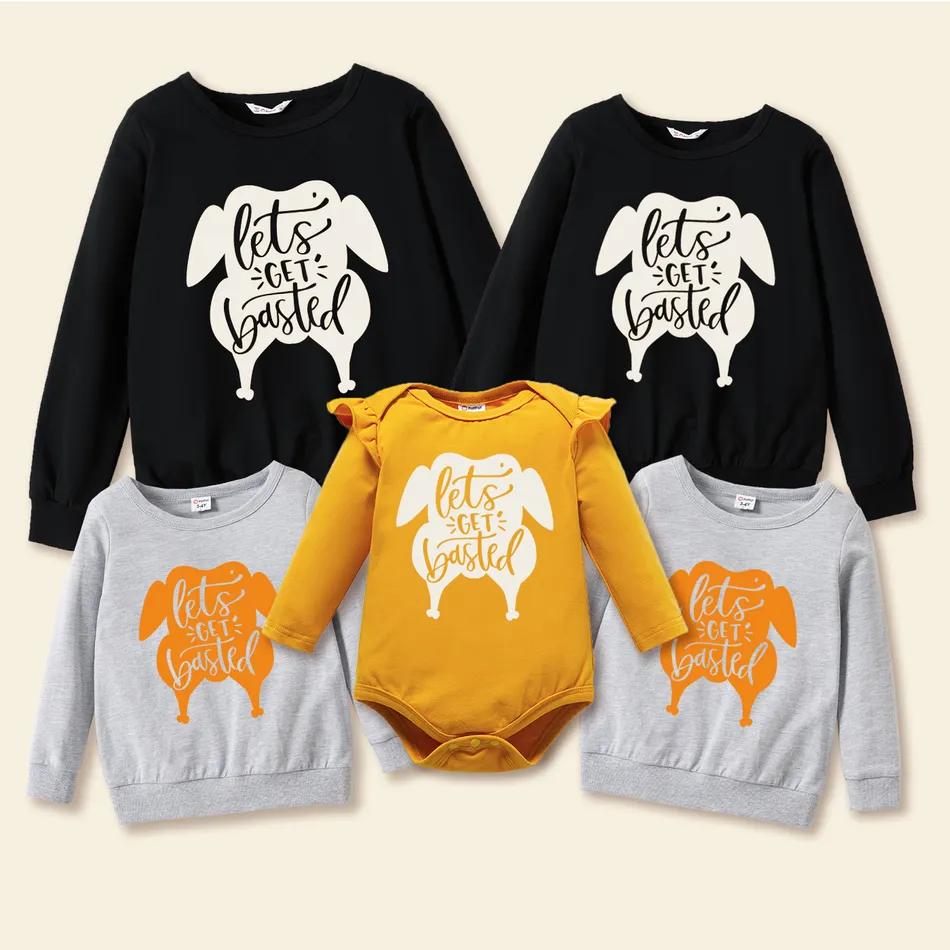 Thanksgiving Turkey and Letter Print Family Matching 100% Cotton Long-sleeve Sweatshirts Multi-color