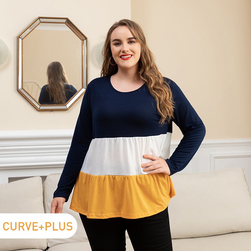 Women Plus Size Casual Colorblock Long-sleeve Tiered Tee Deep Blue