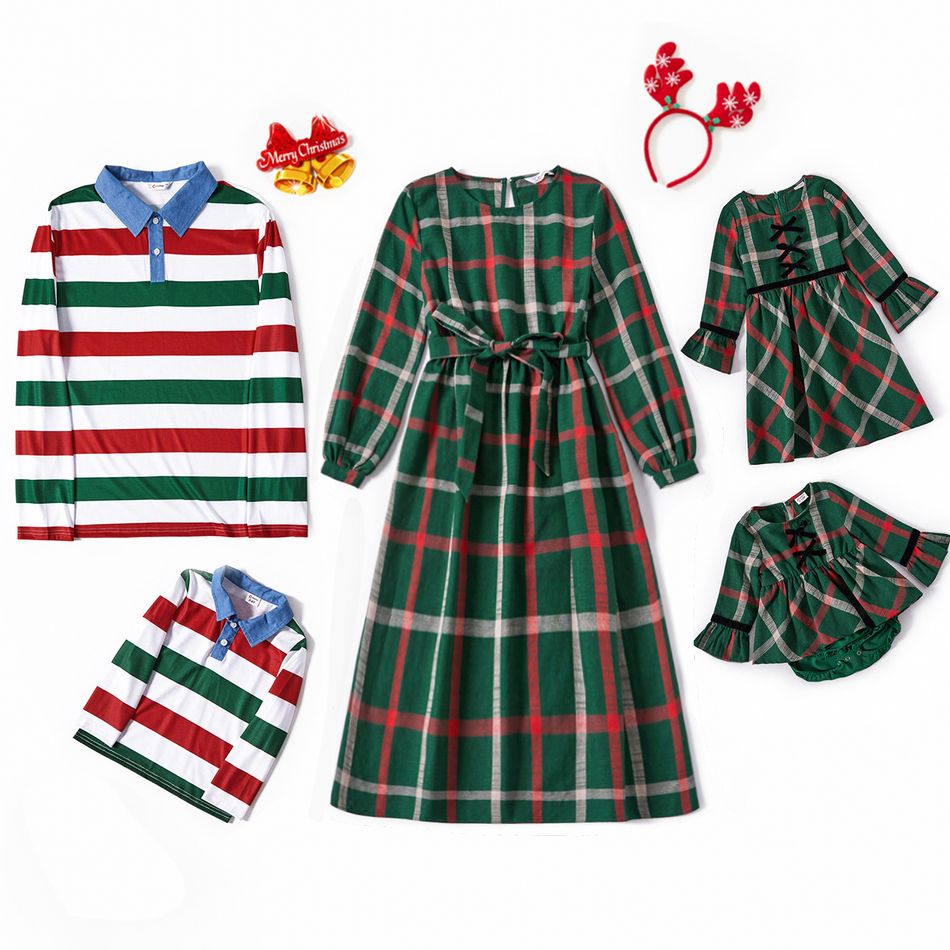 Christmas Family Matching Long-sleeve Plaid Dresses and Lapel Striped T-shirts Sets Color block
