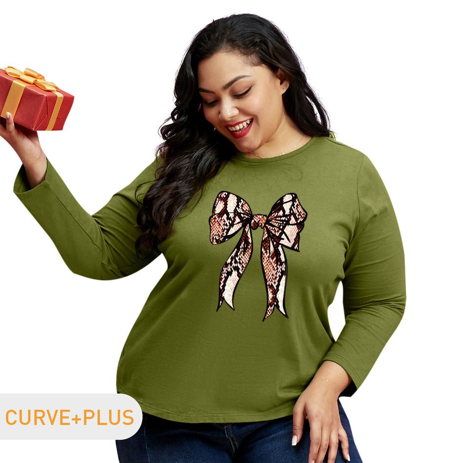 Women Plus Size Graphic Bowknot Print Round Neck Long-sleeve Tee Army green