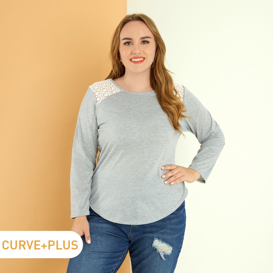 Women Plus Size Casual Lace Design Hollow out Long-sleeve Tee Grey