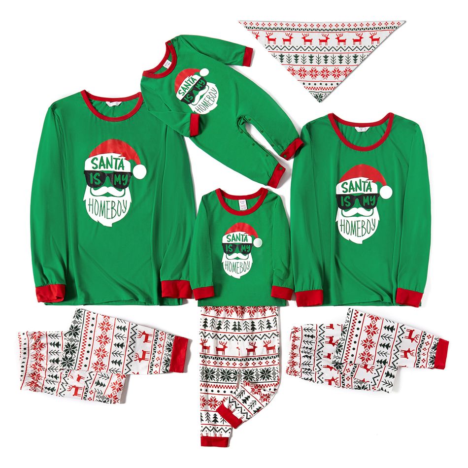 Christmas Santa Claus Print Family Matching Long-sleeve Elk Print Pajamas Sets (Flame Resistant) Green