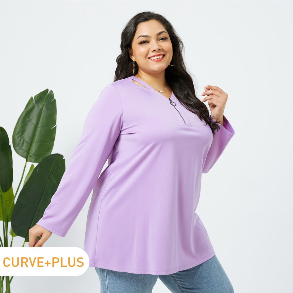 Women Plus Size Elegant Cut Out Zipper Front Light Purple Blouse Light Purple