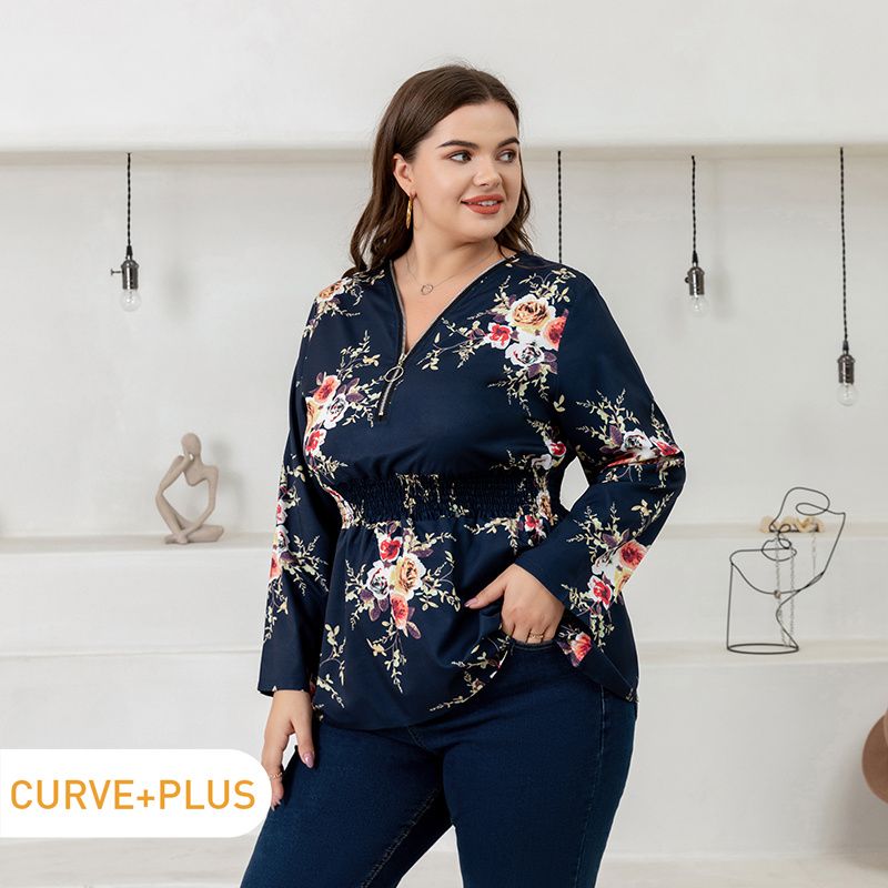 Women Plus Size Elegant Floral Print Zipper Waisted Blouse Deep Blue