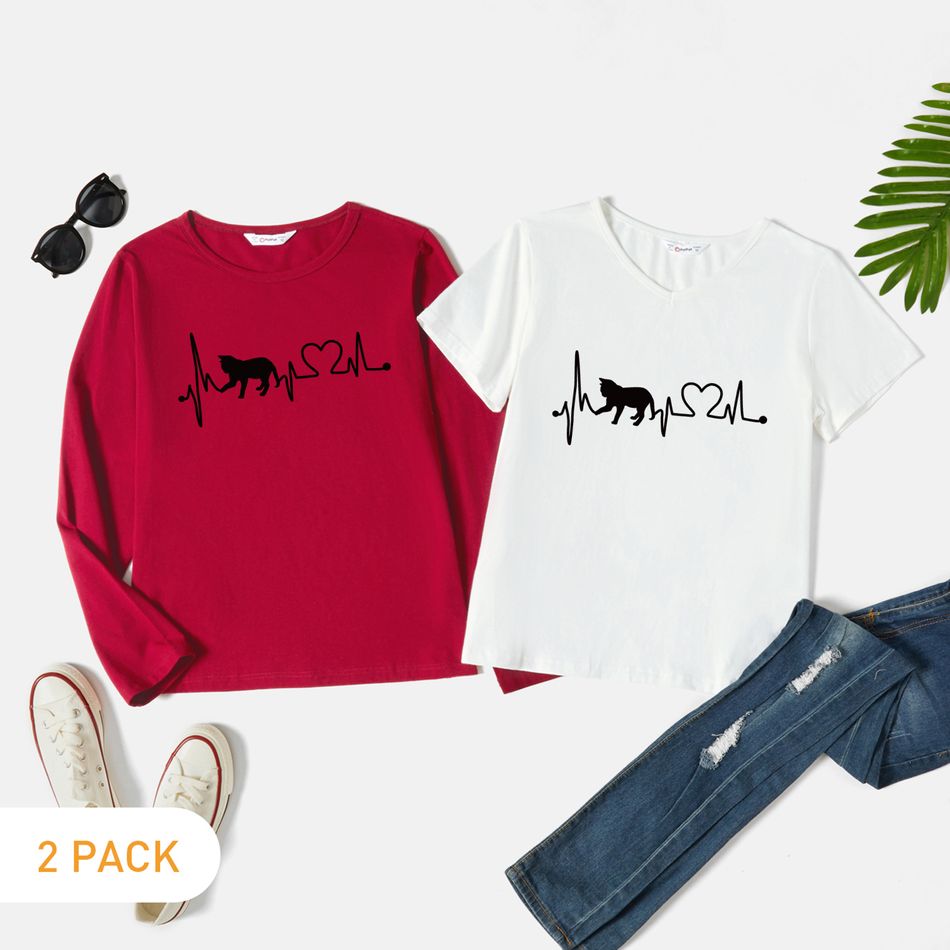 2-Pack Women Graphic Cat & Heart  Print Long & Short-sleeve Tee Set Multi-color