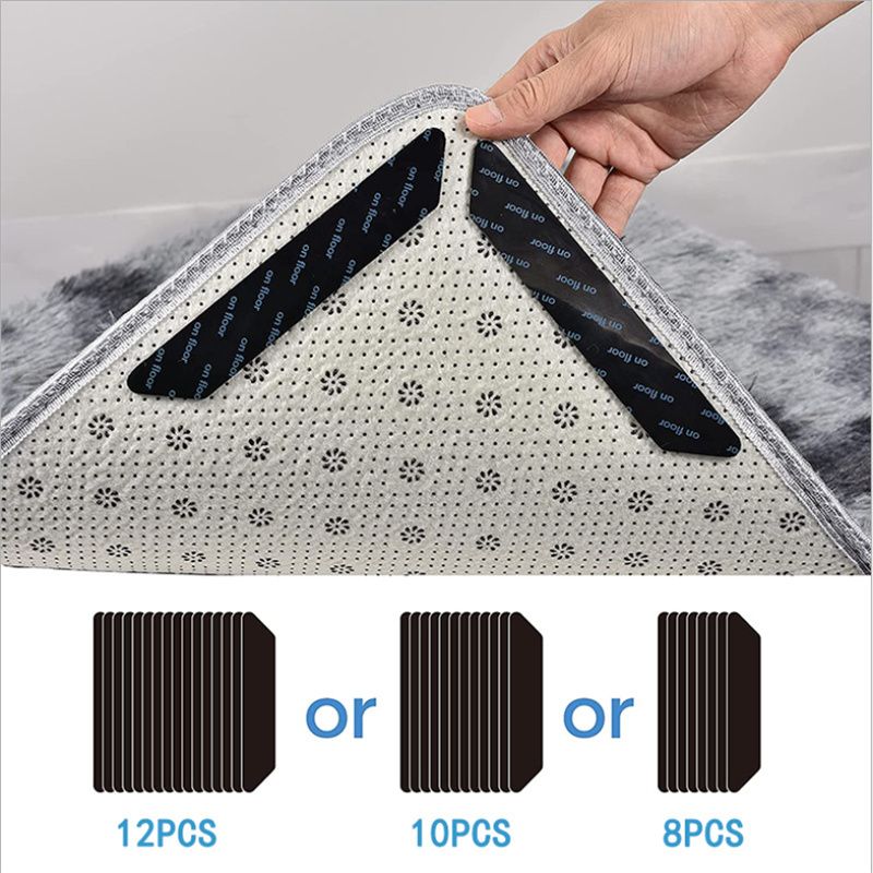 8-pack Black Rug Grippers for Area Rugs Floor Mats Washable and Reusable No Curling Rug Tape to Fix Rugs & Flat Corners Black big image 6