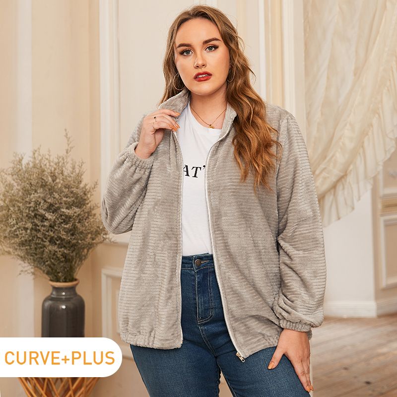 Women Plus Size Casual Stand Collar Zipper Jacket Light Grey