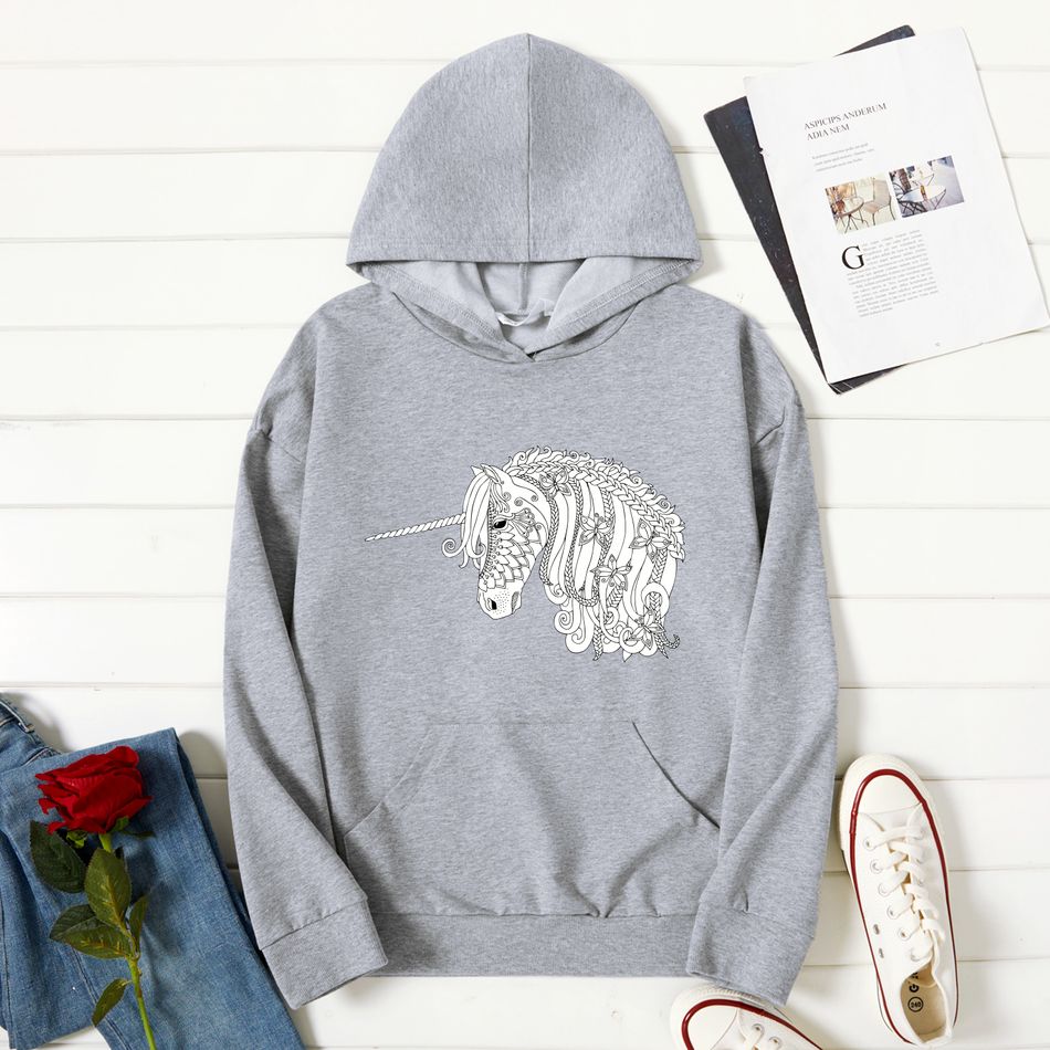 Women Graphic Butterfly and Unicorn Print Long-sleeve Hooded Pullover Light Grey