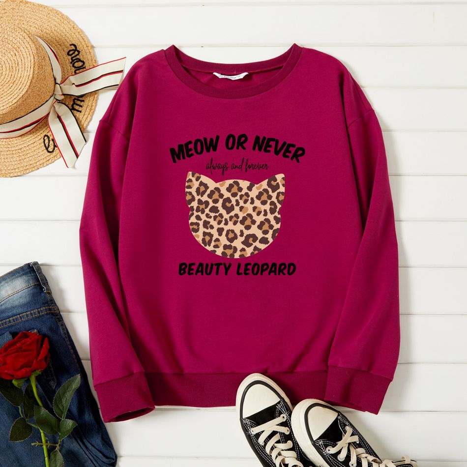 Women Graphic Cat and Leopard and Letter Print Long-sleeve Pullover Burgundy