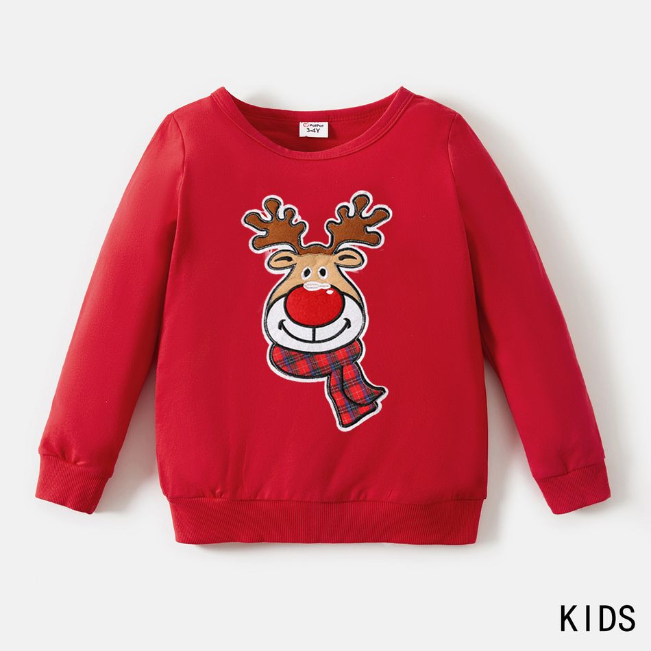 Christmas Cartoon Reindeer Embroidered Red Family Matching Long-sleeve Sweatshirts Red big image 4