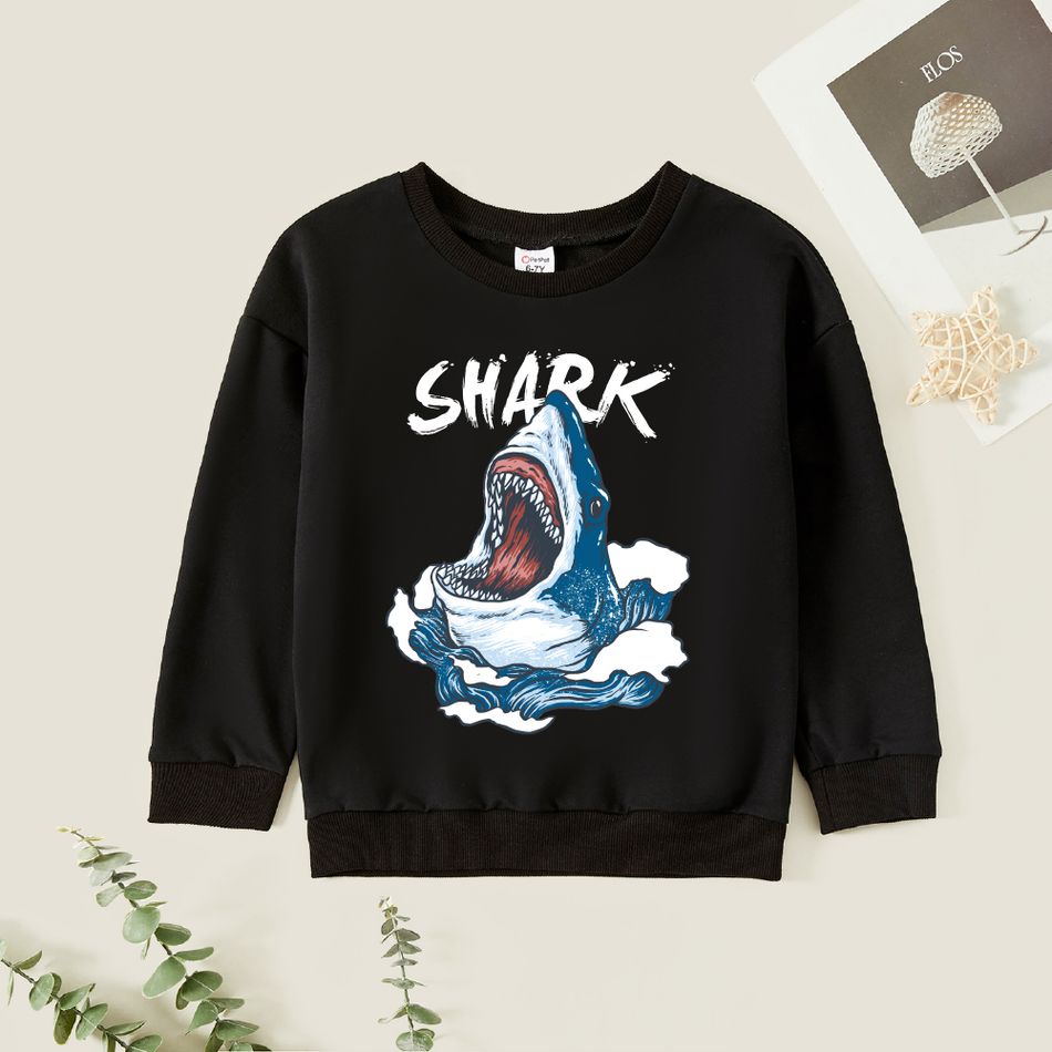 Kid Boy Graphic Shark & Letter Print Long-sleeve Pullover Black