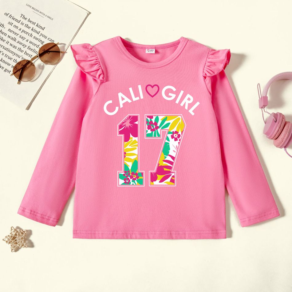 Kid Girl Graphic Letter and Figure and Floral Print Ruffled Long-sleeve Tee Dark Pink