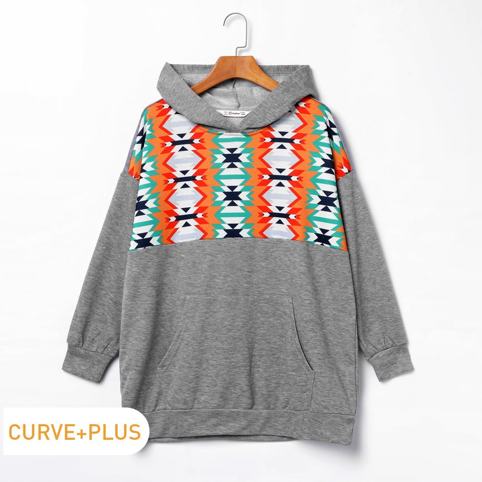 Women Plus Size Casual Geo Pattern Colorblock Hoodie Sweatshirt Dark Grey