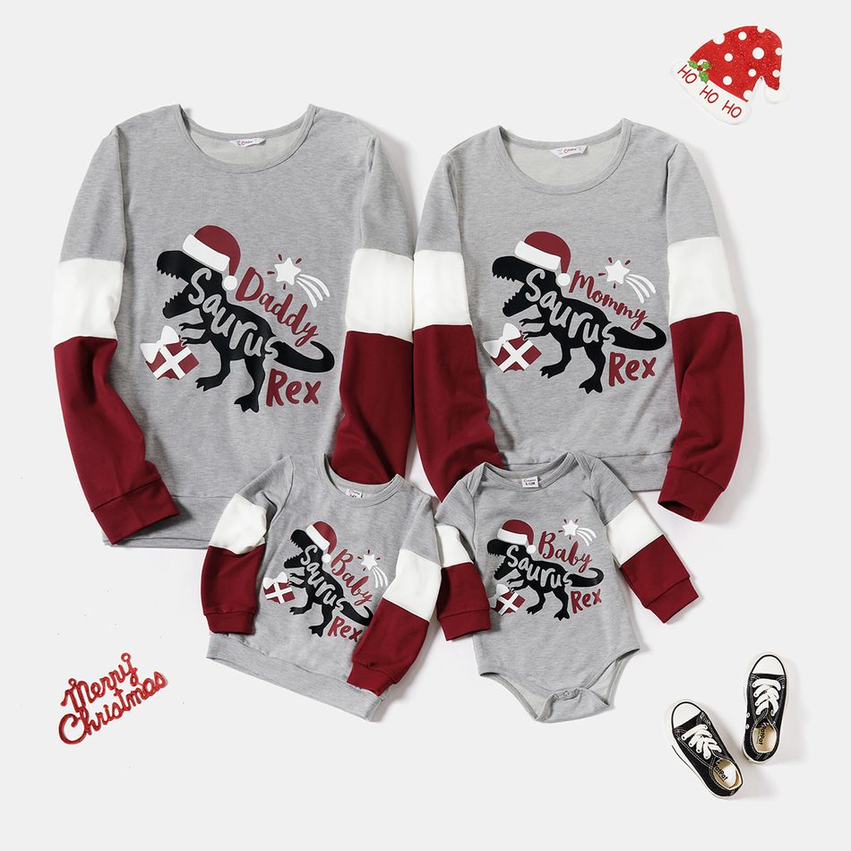 Christmas Dinosaur and Letter Print Family Matching Color Block Long-sleeve Sweatshirts ColorBlock