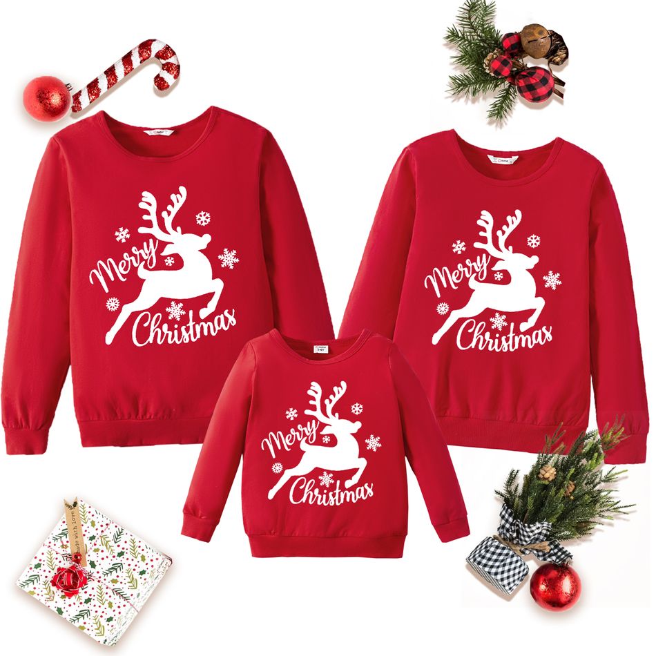 Christmas Reindeer and Letter Print Red Family Matching 100% Cotton Long-sleeve Sweatshirts Red
