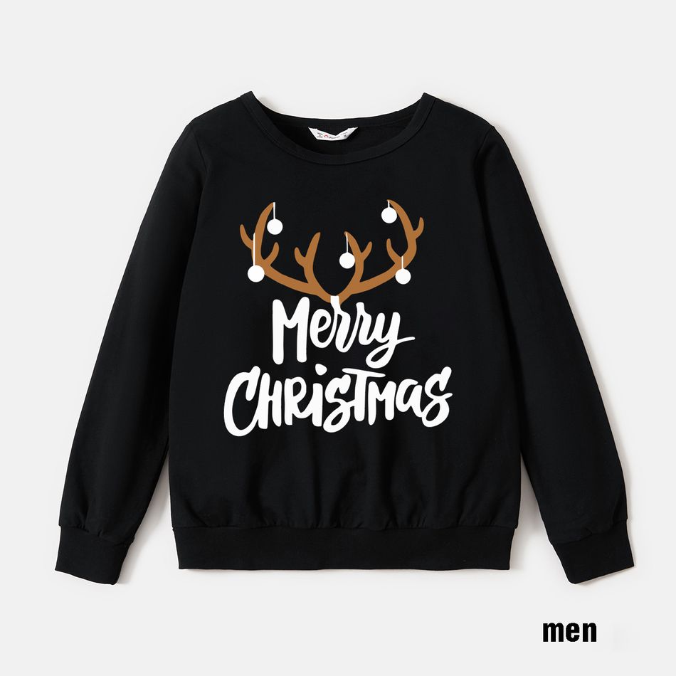 Christmas Antlers and Letter Print Black Family Matching 100% Cotton Long-sleeve Sweatshirts Black big image 2