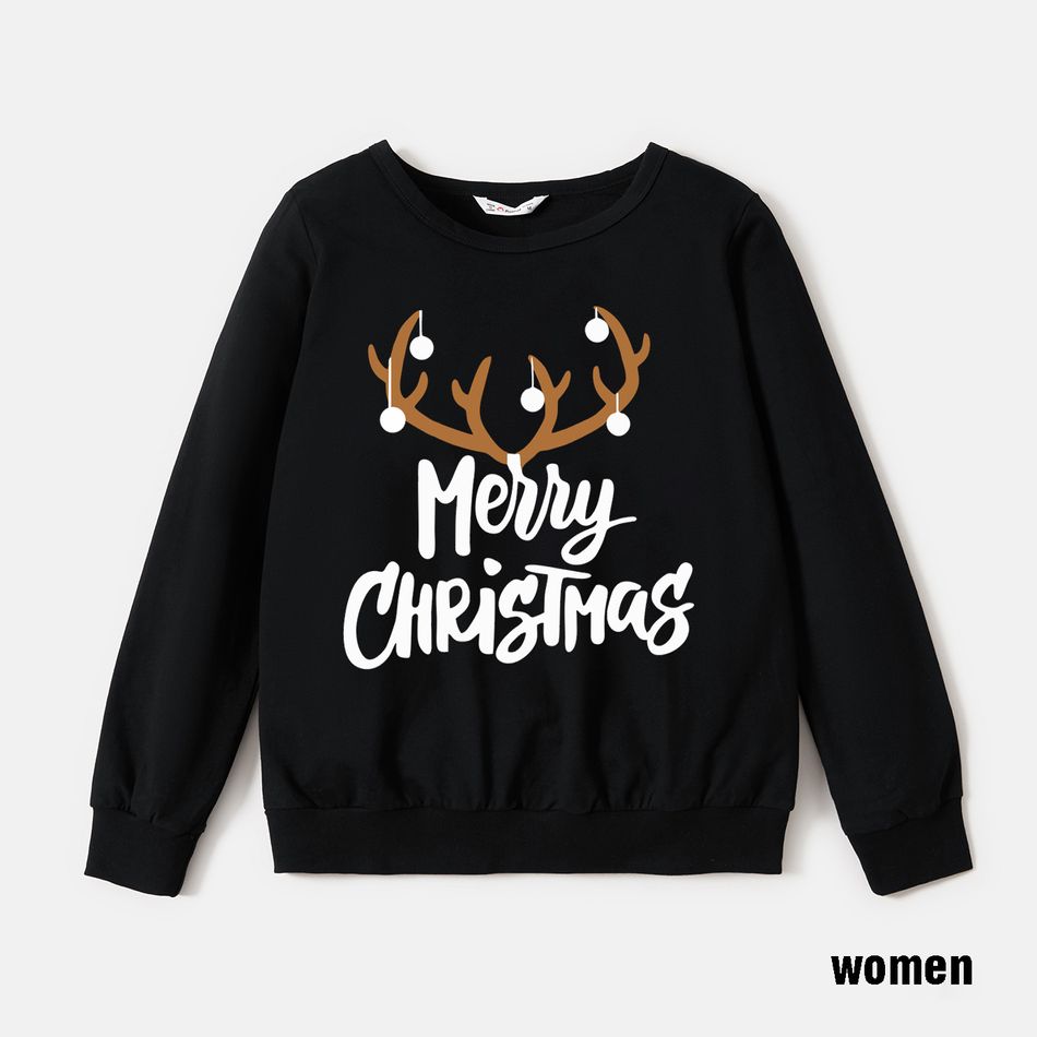 Christmas Antlers and Letter Print Black Family Matching 100% Cotton Long-sleeve Sweatshirts Black big image 3