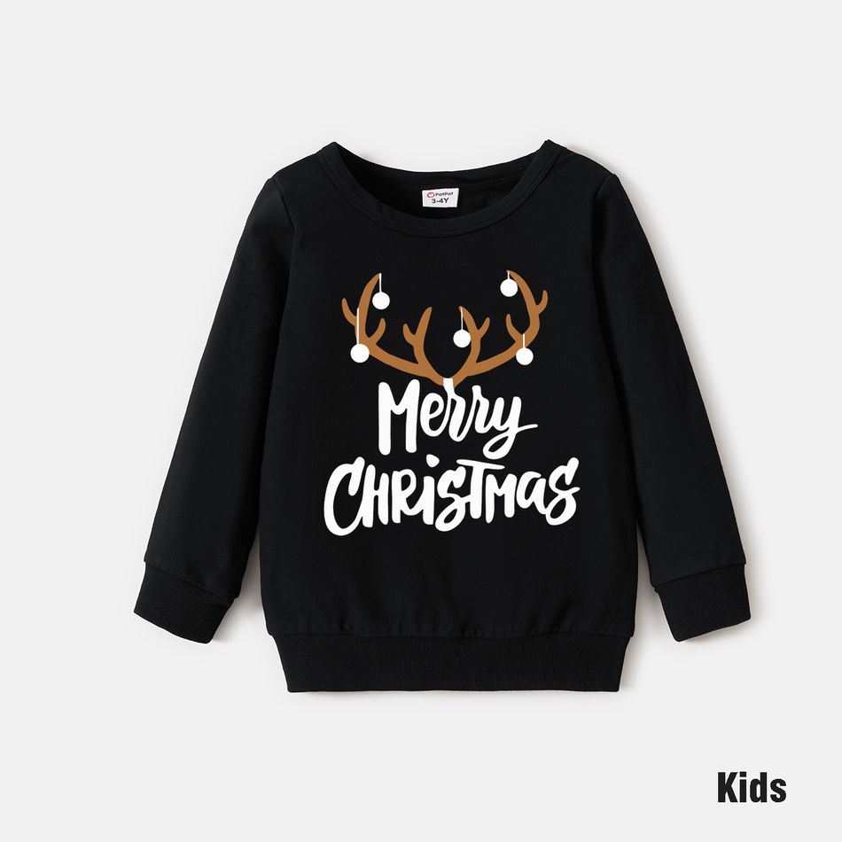 Christmas Antlers and Letter Print Black Family Matching 100% Cotton Long-sleeve Sweatshirts Black big image 4