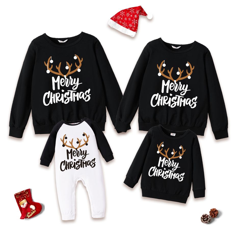 Christmas Antlers and Letter Print Black Family Matching 100% Cotton Long-sleeve Sweatshirts Black big image 1