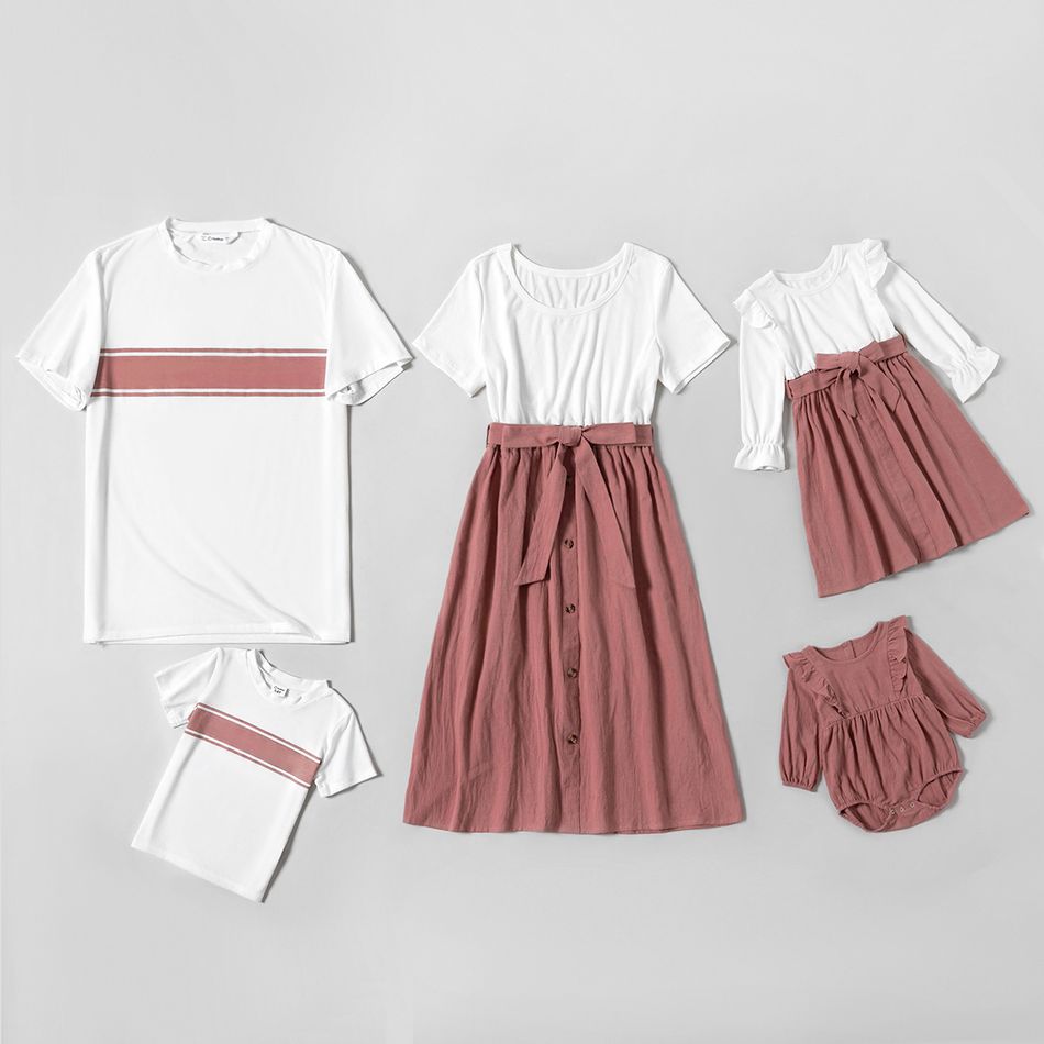 100% White and Pink Splice Print Cotton Family Matching Sets(Short-sleeve Belted Midi Dresses and T-shirts) White
