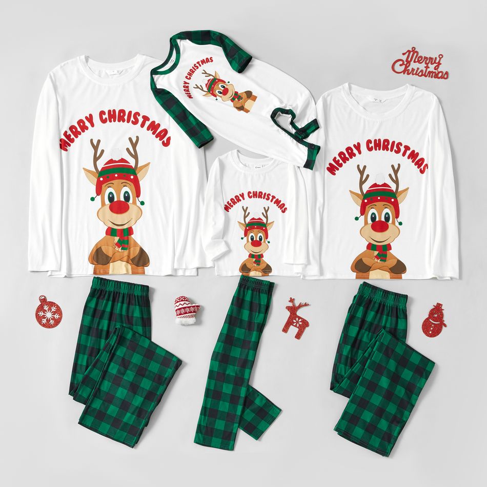 Christmas Reindeer and Letter Print Family Matching Long-sleeve Plaid Pajamas Sets (Flame Resistant) Green/White big image 6