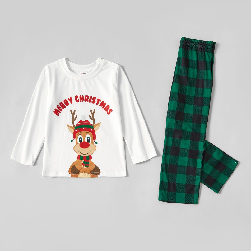 Christmas Reindeer and Letter Print Family Matching Long-sleeve Plaid Pajamas Sets (Flame Resistant) Green/White big image 11