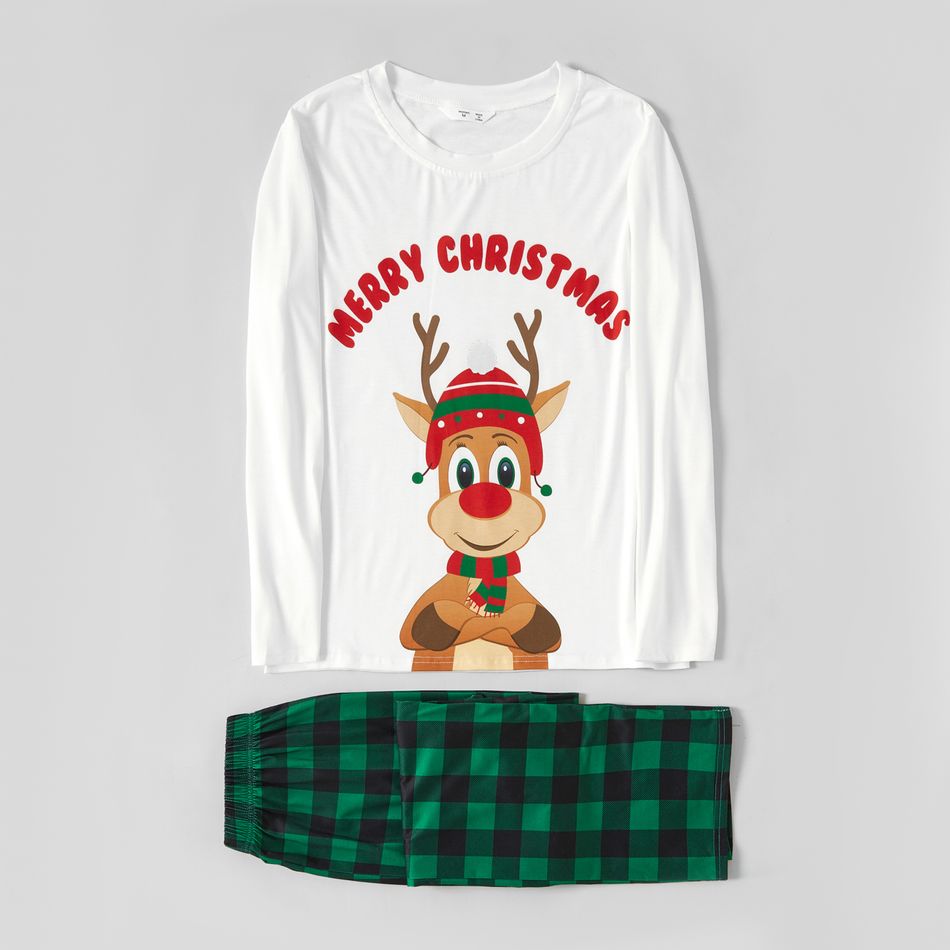 Christmas Reindeer and Letter Print Family Matching Long-sleeve Plaid Pajamas Sets (Flame Resistant) Green/White big image 9