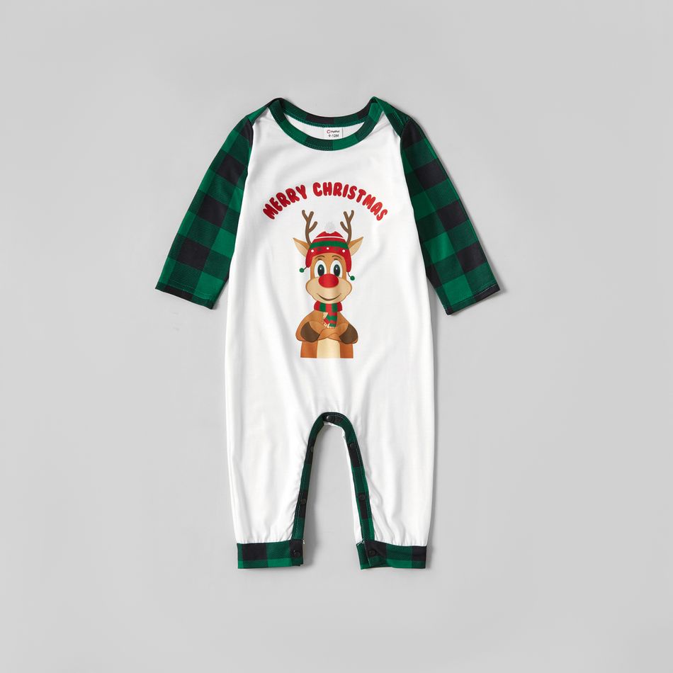 Christmas Reindeer and Letter Print Family Matching Long-sleeve Plaid Pajamas Sets (Flame Resistant) Green/White big image 13