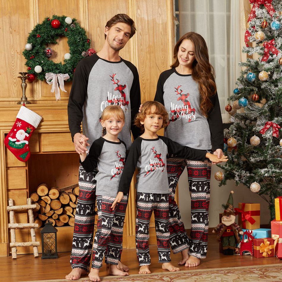 Christmas Plaid Reindeer and Letter Print Grey Family Matching Raglan Long-sleeve Pajamas Sets (Flame Resistant) Grey big image 1