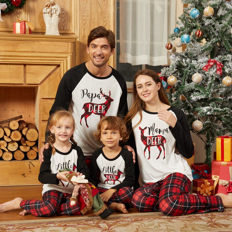 Christmas Deer and Letter Print Family Matching Raglan Long-sleeve Red Plaid Pajamas Sets (Flame Resistant) White