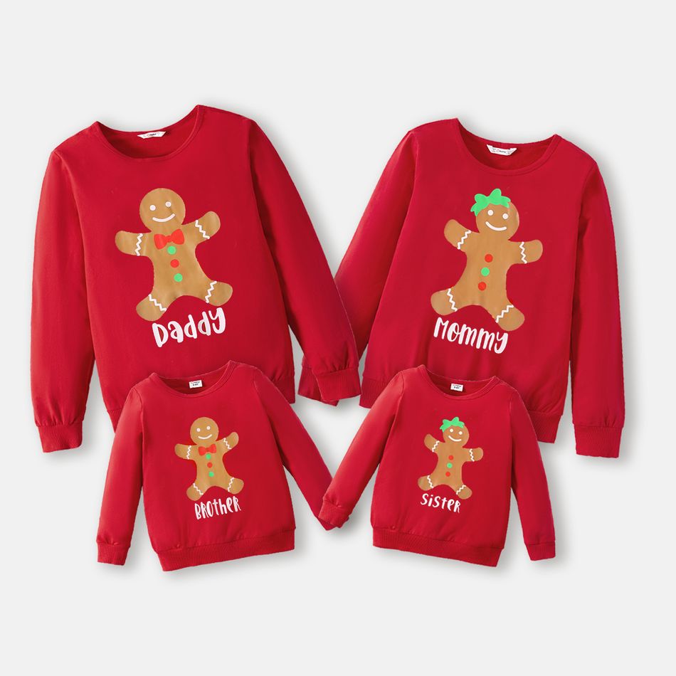 Christmas Gingerbread Man and Letter Print Red Family Matching Long-sleeve Sweatshirts Red