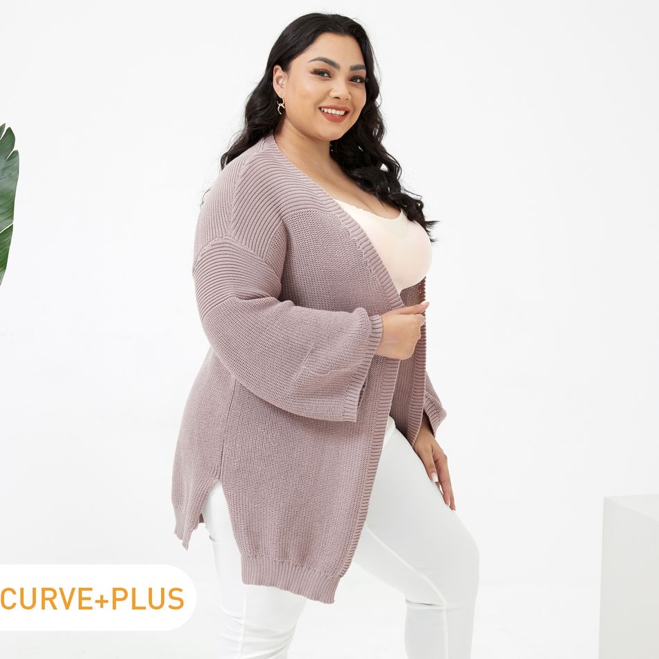 Women Plus Size Casual Solid Knit Coat Midi Cardigan Khaki
