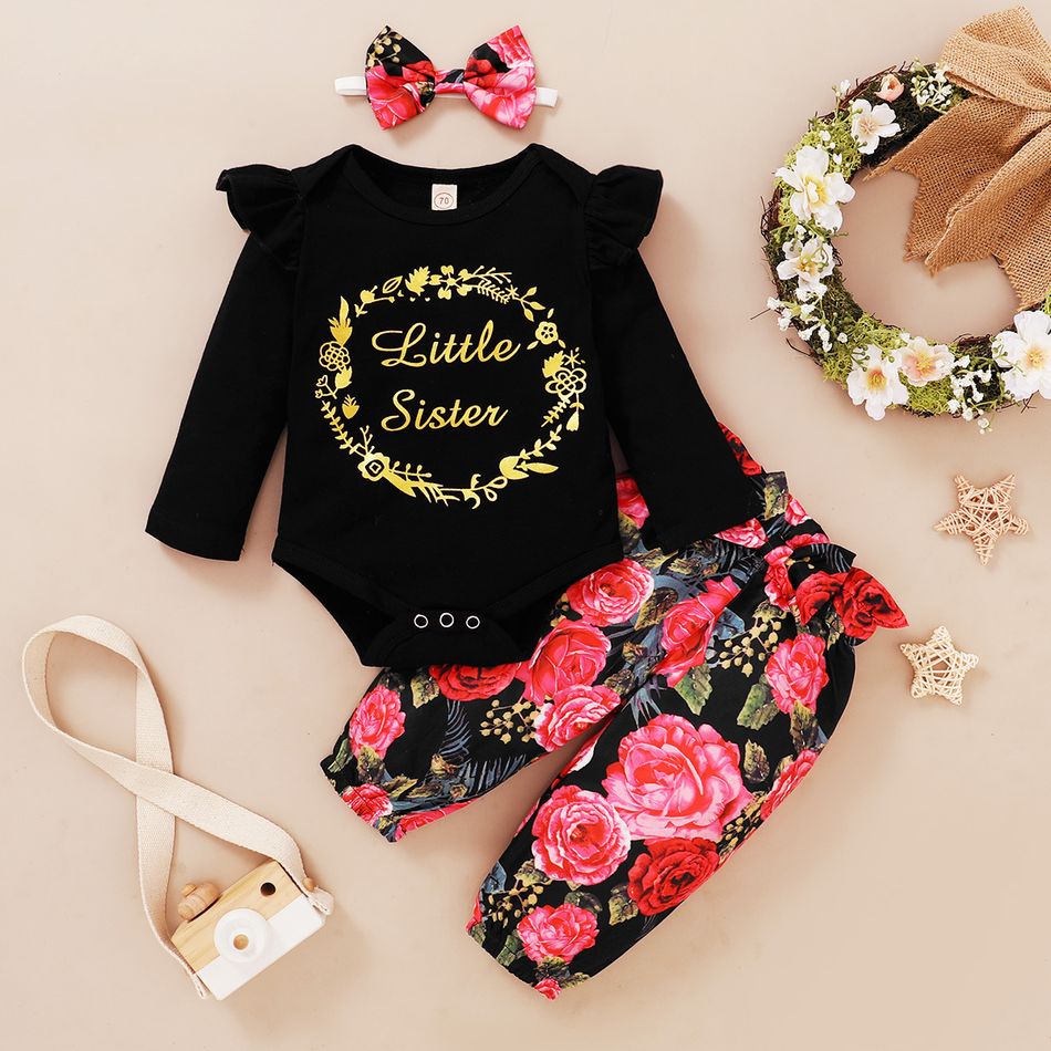 3pcs Letter Print Ruffle Decor Long-sleeve Black Romper and Floral Print Pants and Headband Baby Set Black