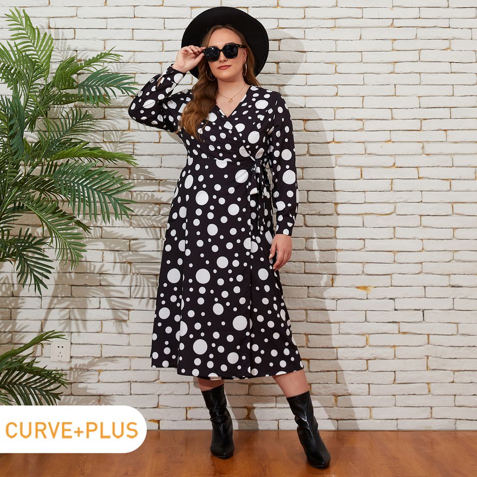 Women Plus Size Elegant Polka dots Surplice Neck Belted Long-sleeve Dress Black