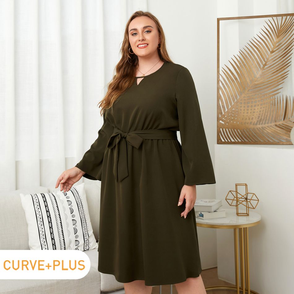 Women Plus Size Basics Hollow out Front Long-sleeve Belted Dress Brown