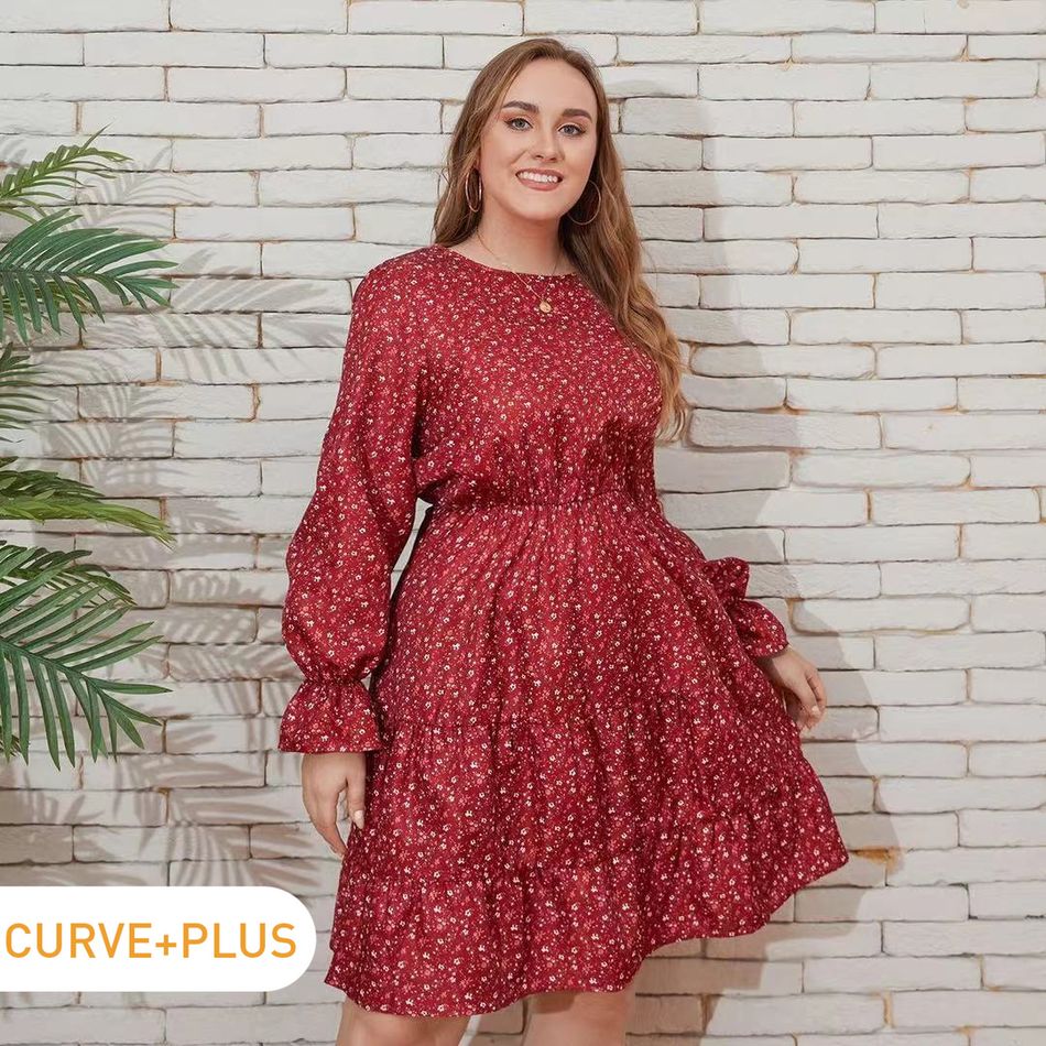 Women Plus Size Vacation Floral Print Ruffled Long-sleeve Dress Red