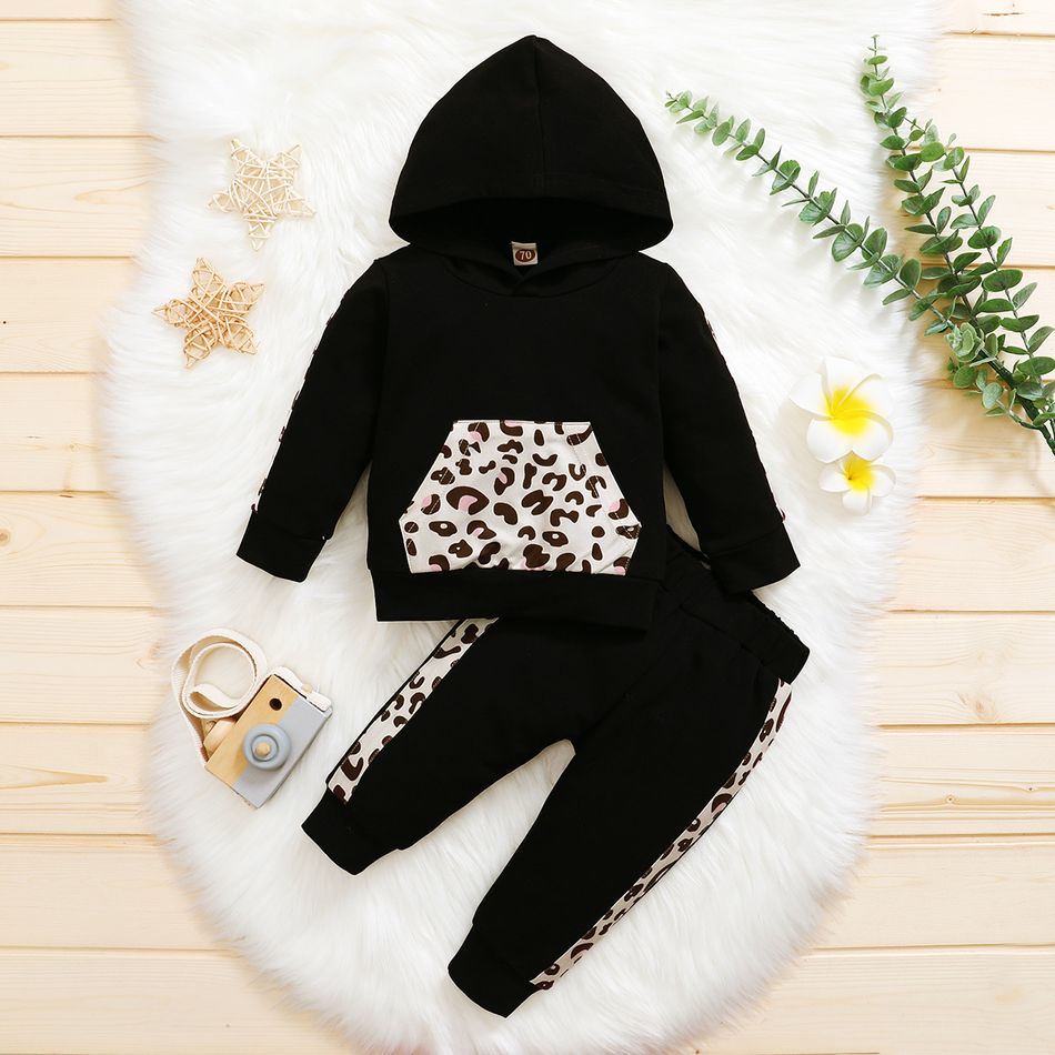 2pcs Leopard Splice Hooded Long-sleeve Hoodie Top and Pants Black Baby Set Black