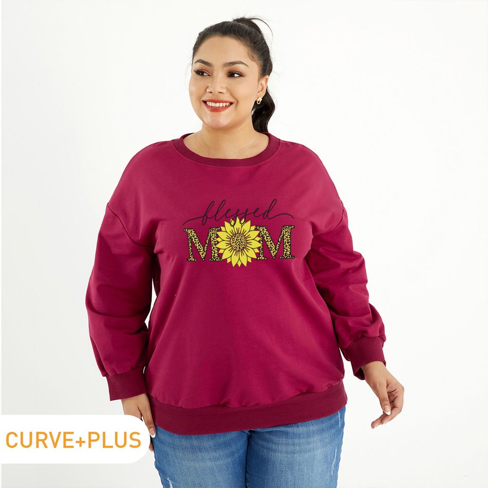 Women Plus Size Graphic Letter and Sunflower and Leopard Print Round Neck Long-sleeve Pullover Burgundy