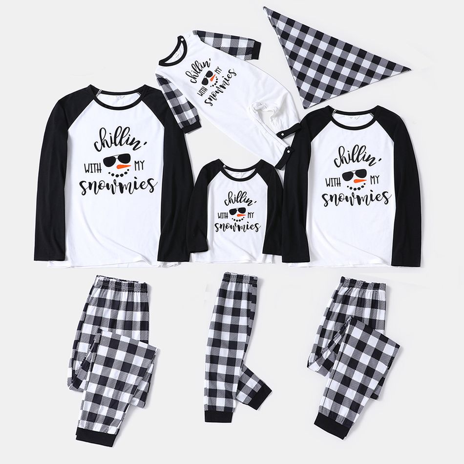 Christmas Snowman Face and Letter Print Family Matching Raglan Long-sleeve Plaid Pajamas Sets (Flame Resistant) Black/White