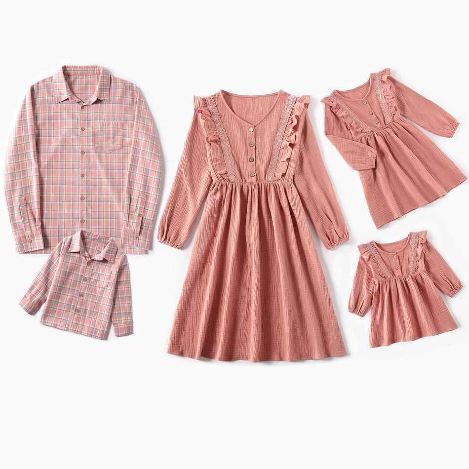 Family Matching Pink Crepe Long-sleeve Ruffle Dresses and Plaid Shirts Sets Pink