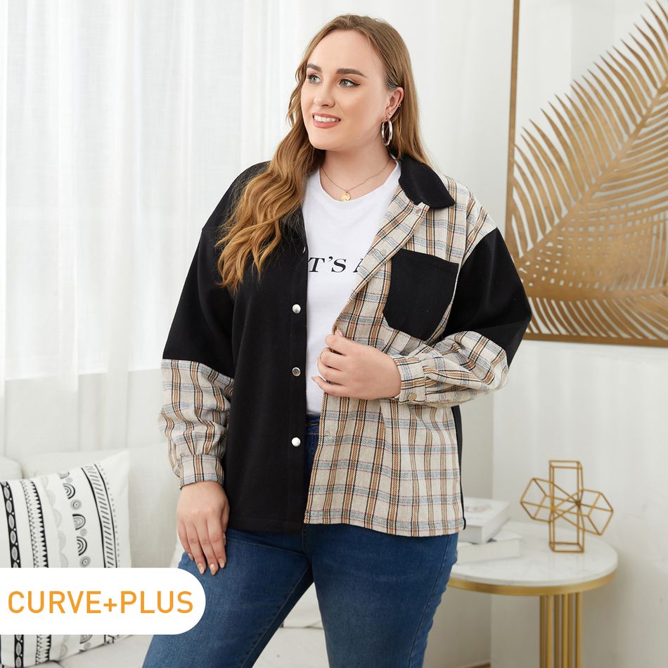 Women Plus Size Casual Plaid Colorblock Lapel Collar Button Design Jacket ColorBlock