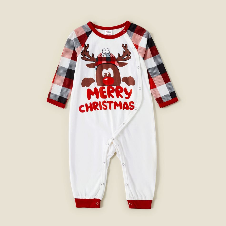 Merry Christmas Deer Letter and Plaid Print Family Matching Long-sleeve Pajamas Sets (Flame Resistant) Red/White big image 5