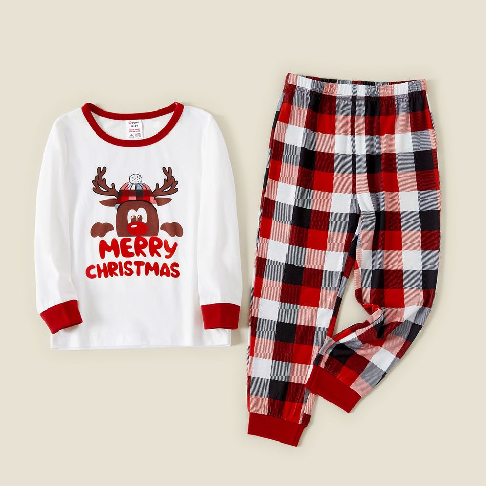 Merry Christmas Deer Letter and Plaid Print Family Matching Long-sleeve Pajamas Sets (Flame Resistant) Red/White big image 4