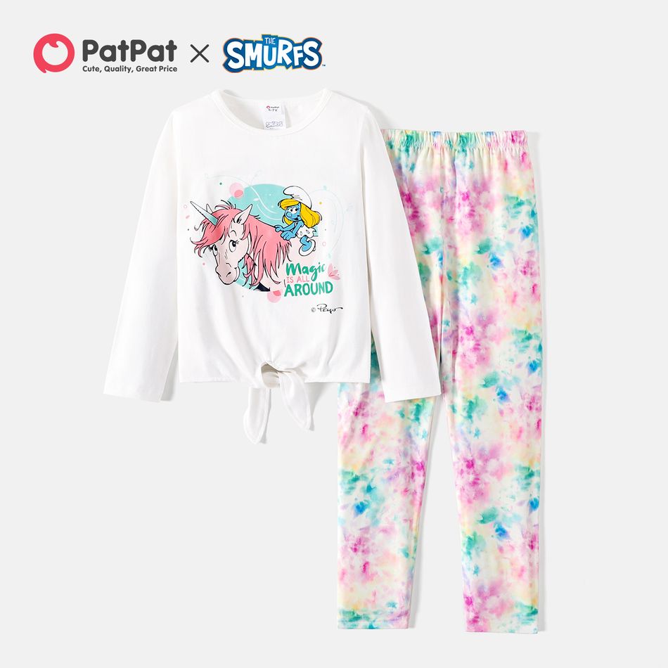 Smurfs 2-piece Kid Girl Unicorn Print Tie Knot Long-sleeve Tee and Tie Dye Pants Set White