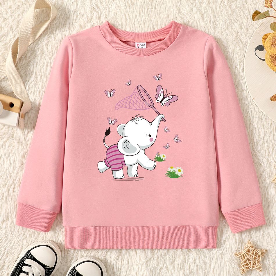 Toddler Graphic Elephant and Butterfly and Floral Print Long-sleeve Pullover Pink