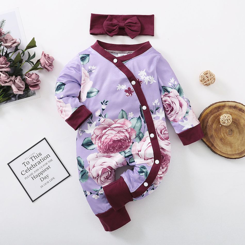 2pcs Floral Allover Ruffle Decor Long-sleeve Purple Baby Jumpsuit with Headband Set Purple